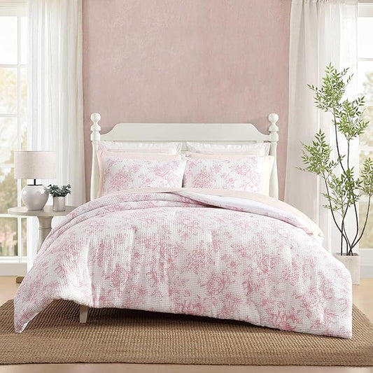 Laura Ashley - Comforter Set, Soft Poly Waffle Textured Bedding with Matching Shams, Delicate Floral Design (Delphine Pastel Pink, Full/Queen)