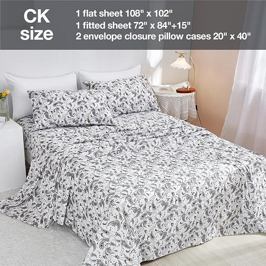 JSD Grey Paisley Printed Sheet Set Cal King, 4 Piece Soft Retro Pattern Microfiber Sheets Extra Deep Pocket