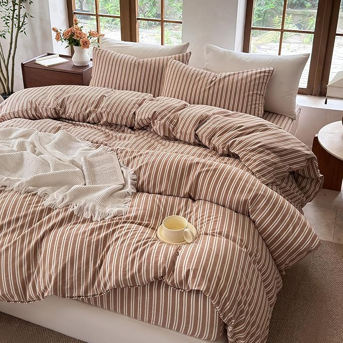 Striped Duvet Cover Set 100% Washed Cotton Linen Like Soft Feelling Breathable Bedding(Burnt Orange/White Strip,Queen)