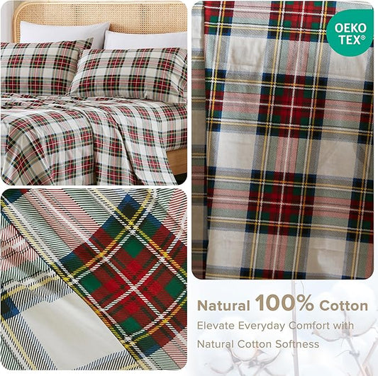 Comfort Spaces 100% Cotton Sheets Twin XL, Breathable, Naturally Cool Cotton Sheets, Cotton Bed Sheets 12" Elastic Pocket Fits up to 14" Mattress, All Seasons Sheet Set, Scottish Plaid Red 3 Piece