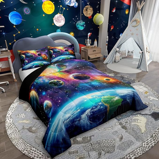 Feelyou Universe Galaxy Comforter Set King Size Kids Planets Earth Bedding Set Boy Girl Teen Solar System Comforter Breathable Outer Space Duvet Set Nebula Quilt Set