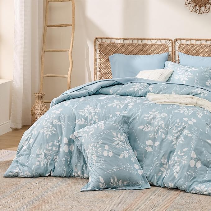 Bedsure Sky Blue Twin Comforter Set - 5 Pieces Floral Bedding Sets, Twin Bed in a Bag with Reversible Botanical Flowers Comforter, Sheets, Pillowcase & Sham