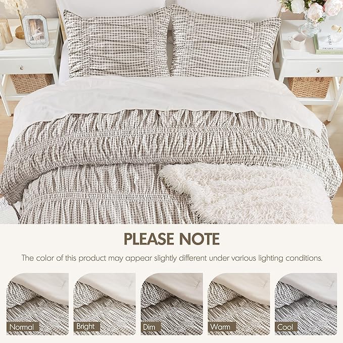 Intelligent Design Ella Queen Comforter Set – Ruched Gingham Shabby Chic Bedding, Bow-Tie Detail, All Season Lightweight 3 Piece Bedding Set, Sham, Full/Queen, Brown