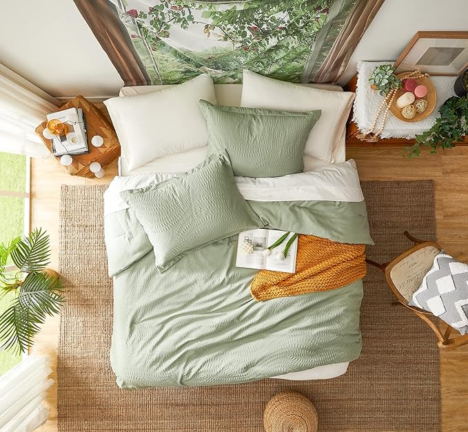 Geniospin Full Size Comforter Set - 7 Pieces Textured Sage Green Bedding Sets, Boho Shabby Chic Comforter Set, All Season Comfortable Bed in a Bag with Comforter, Sheets, Pillowcases & Shams