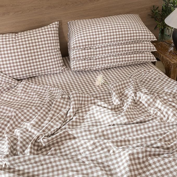 MooMee Bedding Pillowcases Pack of 4 100% Washed Cotton Linen Like Textured Breathable Durable Soft Comfy (Brown Gingham, Queen)