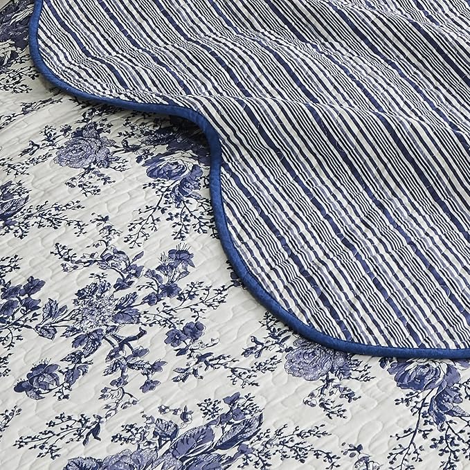Wonderful 100% Cotton Blue Floral Quilt Set King Size Bedding Sets with Pillow Shams and Bed Skirt, 4 Pieces Floral Bedspread Coverlet, Quilted Blanket Bed Cover for All Season, 104"x90"