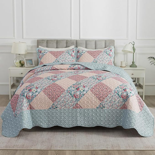 HoneiLife King Quilt Bedding Sets - Microfiber Quilt Set 3-Pieces,Lightweight Bedspreads Patchwork Coverlets Retro Bed Cover Quilt King Size All Season Quilts