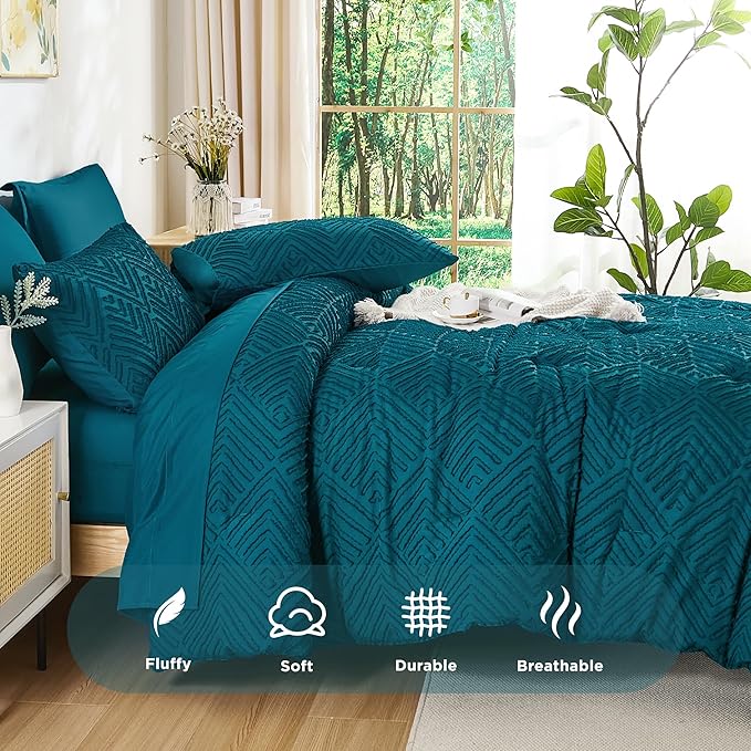 Andency Oversized Queen Comforter Set 7 Piece Teal - Bed in a Bag Oversized Queen Boho Lightweight Fluffy Tufted Bedding Sets with Comforter, Sheets, Pillowcases & Shams