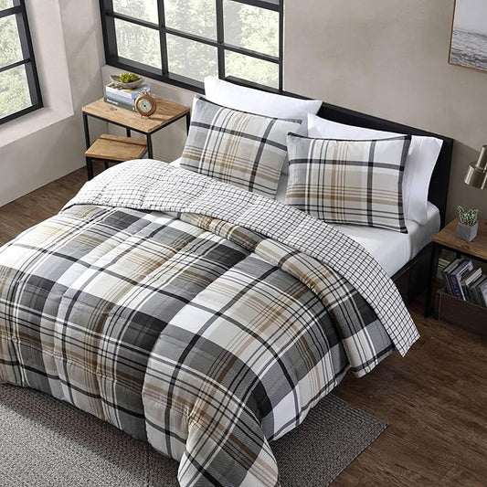 Eddie Bauer - Twin Comforter Set, Reversible Plaid Bedding with Matching Sham, Oeko-Tex Certified, Dorm Essentials (Normandy Grey)