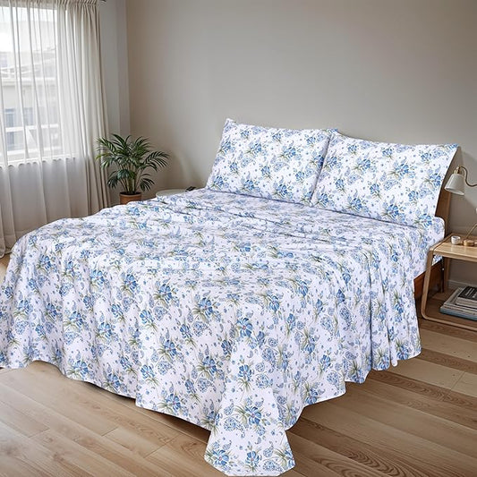 RUVANTI 100% Cotton Sheets Queen Size Set, 4 Pieces, Soft & Breathable Percale Weave Bedding, Deep Pocket 16", Hotel Standard, Crisp Cool Feeling, Durable, Perfect Floral Bed Sheet, Paislyona