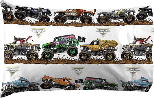 Jay Franco Kids Sheet Set with Fitted, Flat Sheets & Pillow Cover - Ultra-Soft Bedding with Pillowcase for Room Decor, Multi - Monster Jam, 3 Piece Twin