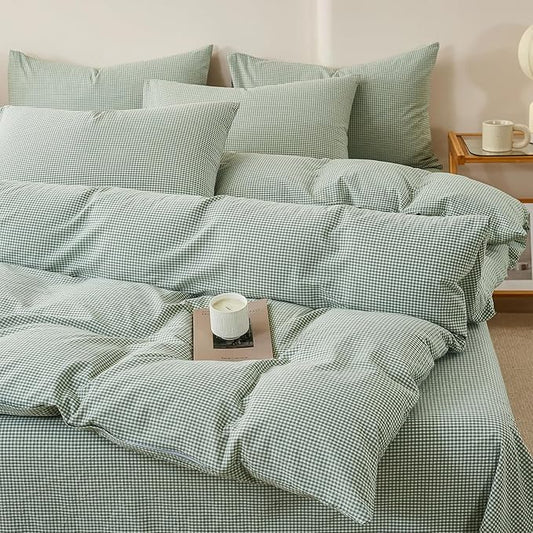 EAVD Sage Green Gingham Duvet Cover Twin Soft 100% Washed Cotton Modern Green and White Plaid Duvet Cover with 2 Pillowcases Reversible Checkered Plaid Bedding Set with Zipper Closure