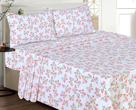 RUVANTI 100% Cotton Sheets – Queen Size Percale Bedding, Cooling & Breathable Floral Design, Durable with a Crisp, Soft & Comfortable Feel, 16" Deep Pocket, 4-Piece Set, Bloomex