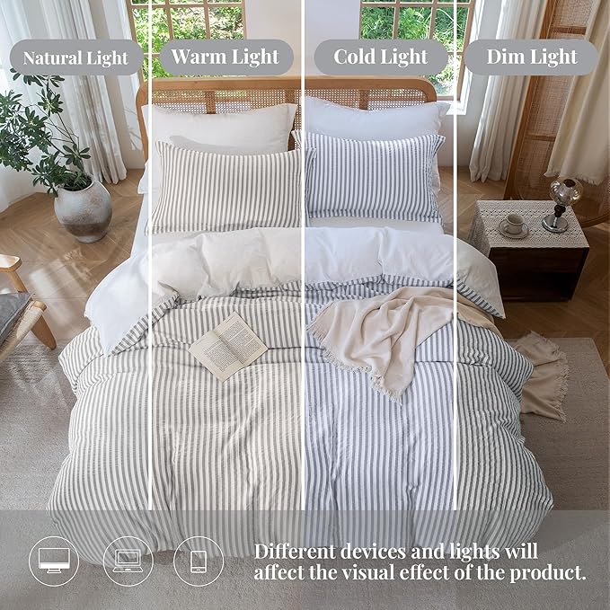 MILDLY Grey Striped Duvet Cover - 100% Washed Cotton Jacquard Textured Comforter Cover with Dual Zipper Closure & 8 Coner Ties
