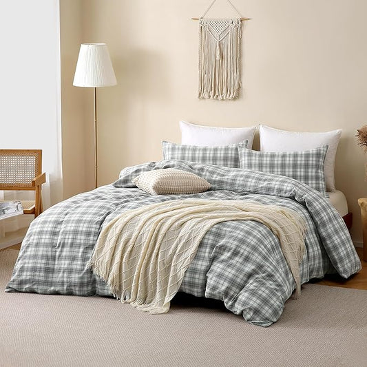 TOCOMOA Plaid Duvet Cover Set 100% Washed Cotton Like Linen Feel Super Soft Comfy 3 Piece Grey and Green Gingham Checkered Bedding Comforter Cover Set (King 104"x90", Comforter Not Included)