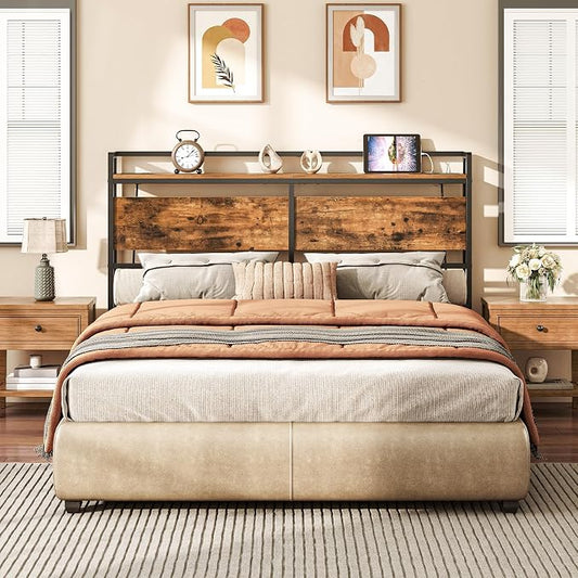 HOOBRO Headboard Full Size, Headboard with 2 Outlets and 4 USB Ports, Adjustable Height, Storage Rack, Sturdy and Stable, Easy Assembly, Rustic Brown and Black
