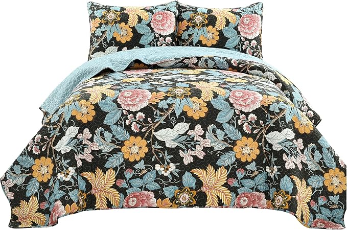 Lush Decor Sydney Reversible Cotton Quilt Set, 3 Piece Set, King, Black & Blue - Cotton Bedding Set - Black Floral Quilt - Cottage Decor - Bedding King Size