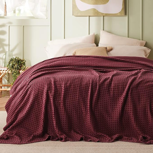 Bedsure Cooling Cotton Waffle King Size Blanket - Lightweight Breathable Blanket of Rayon Derived from Bamboo for Hot Sleepers, Luxury Throws for Bed, Couch and Sofa, Dark Red, 104x90 Inches