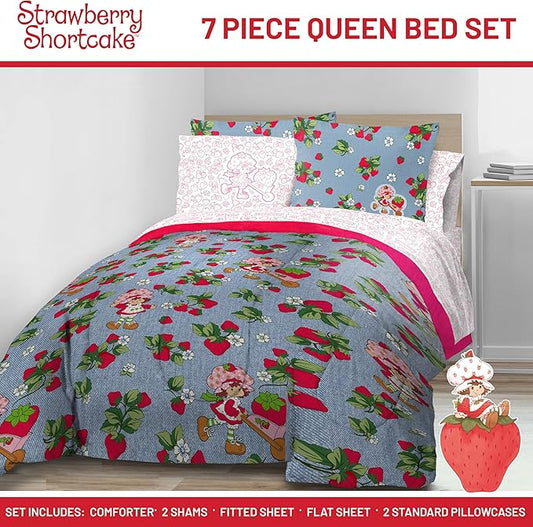 Jay Franco Kids Comforter Set Includes Sheets and Pillow Covers - Soft and Cozy Bed Set for Stylish Room Decor, Blue - Strawberry Shortcake, 7 Piece Queen Size Bedding