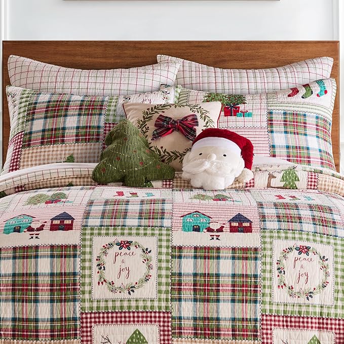 Levtex Home - Home for Christmas Sage - 2 Euro Shams (26x26 in.) - Festive Patchwork - Quilted - No Inserts - Cotton