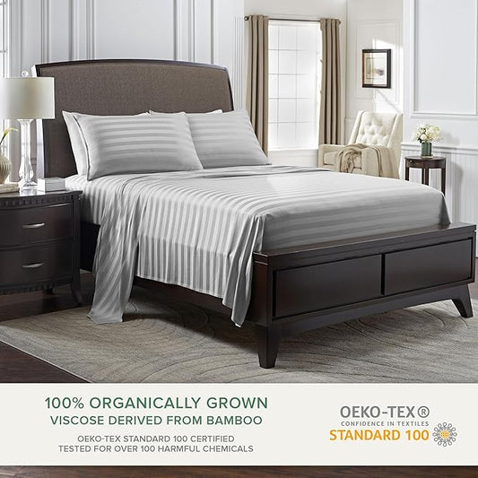 Pure Bamboo Queen Sheets, Genuine 100% Organic Viscose Derived from Bamboo Bed Sheet Set, Luxuriously Soft & Cooling, Double Stitching, 2 Year Quality Promise (Queen, Jacquard Silver)