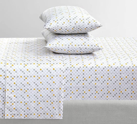 Feather & Stitch Softest 100% Cotton Sheets, 300 Thread Count Percale Weave Bedding, 16" Deep Pocket, Cooling Sheets, Breathable Bed Set, Hotel Premium Quality (Twin, Yellow Diamond)