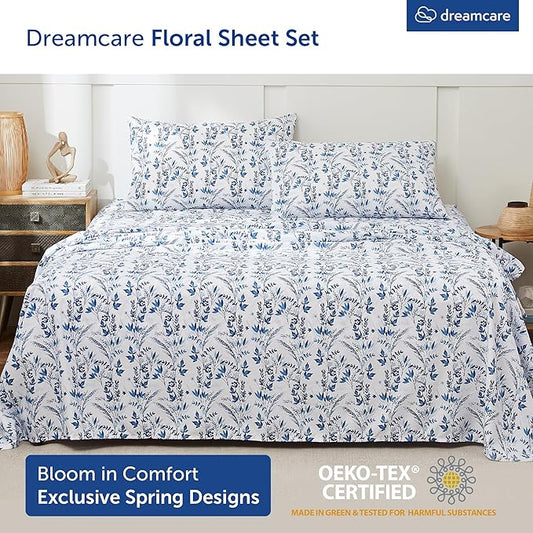 DREAMCARE Full Size Bed Sheets - Luxurious Floral Full Sheet Set - 4 Pc Ultra Soft Breathable Wrinkle Free Brushed Microfiber Floral Blue
