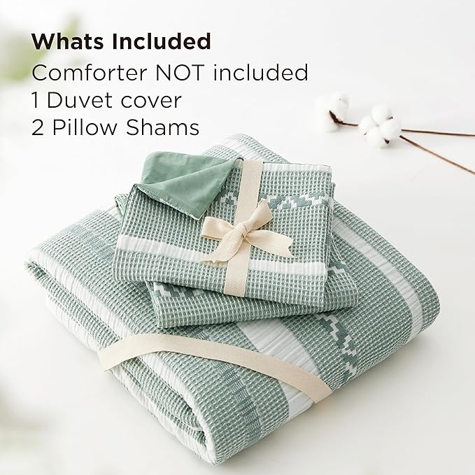 Bedsure Waffle Weave Duvet Cover King - 100% Cotton Boho Duvet Cover with 2 Pillowcases - Green Textured Comforter Cover with Zipper Closure (King, 104"x90")
