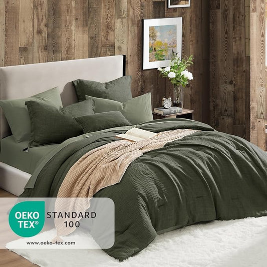 Geniospin King Size Comforter Set- 7 Piece Dark Green Textured King Bedding Set, Soft Solid Bed in a Bag for All Season, King Comforter Set with Sheets(Dark Green,102''x90'')