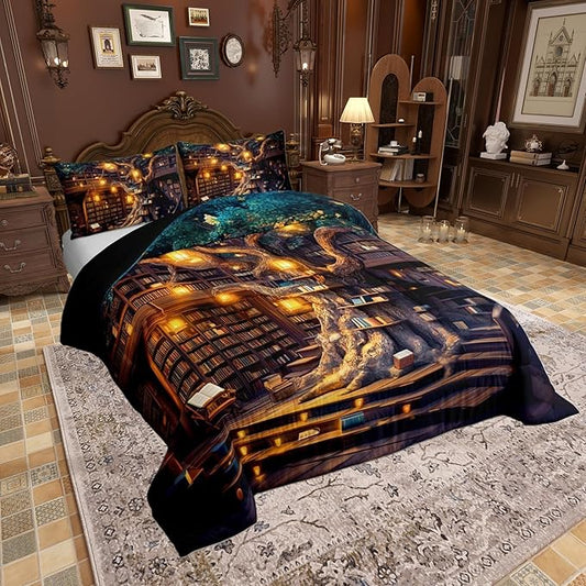 Mysterious Bookshelf Comforter Set Toddler Size 2 Pcs,Trees and Books Bedding Set,Fantasy Fairy Tale Style Quilt Set for Child Bedroom,Duvet Insert,1 Pillowcase