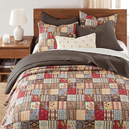 Levtex Home Cross Stitch Reversible Twin XL/Twin Quilt Set (68x86in) with 1 Pillow Sham (26x20in) - Stitch Texture - Cocoa - 100% Cotton Twin Size Quilt Bedding Set - Lightweight, Soft, Pre-Washed