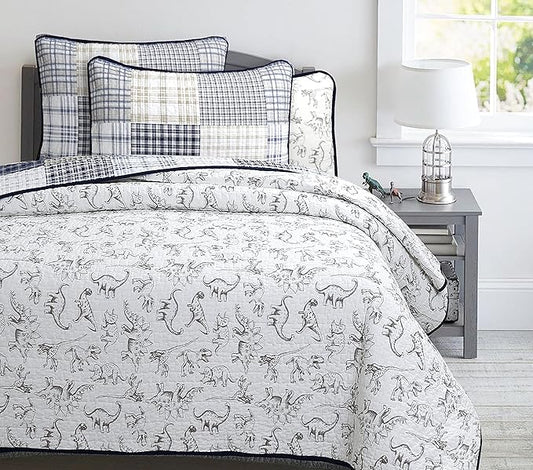 Cozy Line Home Fashions Benjamin Cute Dinosaur Plaid Navy Blue White Grey Bedding Quilt Set 100% Cotton Reversible Coverlet Bedspread Set for Kids Boy (King - 3 Piece)