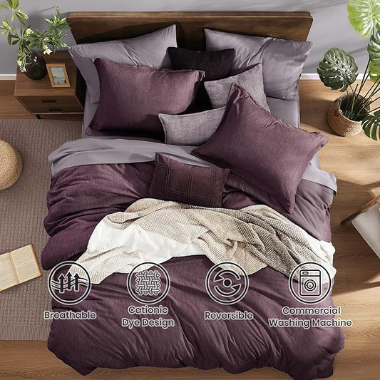 Monbix Super King Plus Comforter Set, Italian Plum Cationic Dyeing Bedding Set Reversible, Bed in a Bag 7 Pieces with Comforter, Sheets, Pillowcases & Shams
