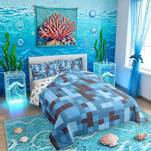 Pixel Grid Miners Comforter Set King Size,Reversible Gamepad Video Games Kids Bedding Set,Army Camo Geometric Quilt Comforter,Black Light Blue Duvet Insert,2 Pillowcases