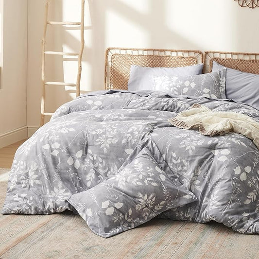 Bedsure Twin Comforter Set - 5 Pieces Floral Grey Soft Bedding Sets, Twin Bed in a Bag with Botanical Flowers Comforter, Sheets, Pillowcase & Sham