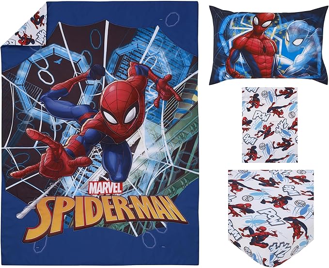 NoJo Marvel Spiderman to The Rescue Red, White, and Blue 4 Piece Toddler Bed Set - Comforter, Fitted Bottom Sheet, Flat Top Sheet, and Reversible Pillowcase