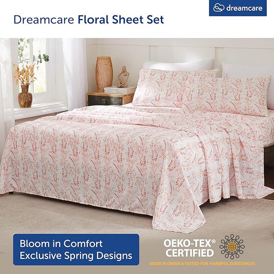 DREAMCARE Queen Size Sheets - Floral Sheets Queen Size Bed Set - 4pcs Queen Sheet Set - Cooling Bed Sheets - Queen Size Sheet Sets - Soft & Long Lasting 100% Brushed Floral Bed Set - Floral Pink