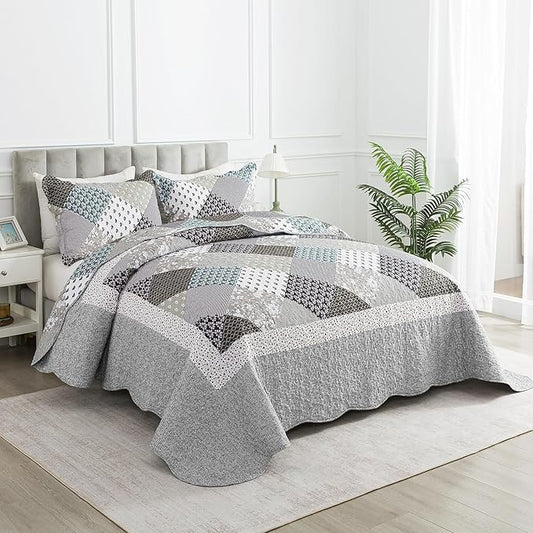 HoneiLife Queen Size Quilt Set - 3 Piece Microfiber Quilts Reversible Bedspreads Patchwork Coverlets Rustic Bedding Set for Queen Bed