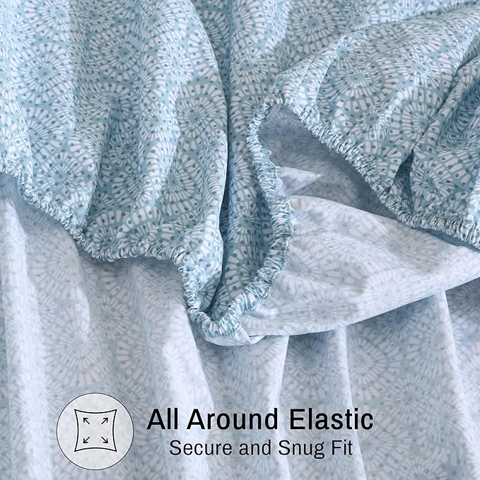 ZOYER 100% Cotton Sheets – California King Percale Bedding, Cooling & Breathable, Durable with a Crisp, Soft & Comfortable Feel, 14" Deep Pocket, 4-Piece Set, Teal Geo