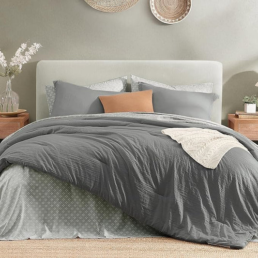 Monbix Full Size Comforter Set - 7 Pieces Granite Grey Prewashed Bed in a Bag Full Bedding Sets with Comforters, All Seasons Ultra Soft Comforter Bed Set with Sheets,Pillowcases & Shams