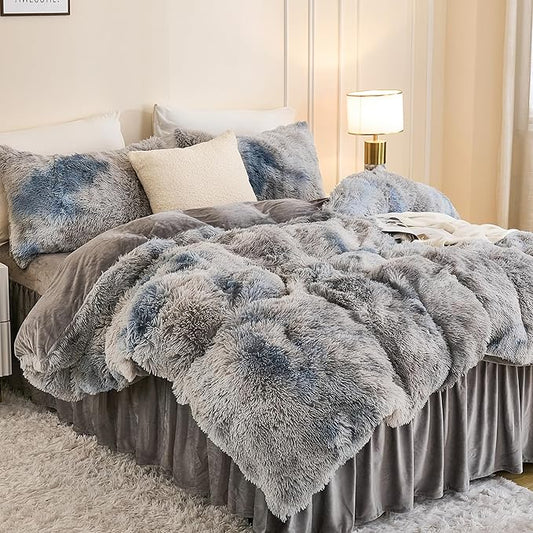 Andency Faux Fur Tie-Dyed Grey Blue Comforter Set Full Size, 3 Pieces Fluffy Fuzzy Plush Bedding Comforter Set (1 Shaggy Velvet Comforter & 2 Pillowcases), Soft Puffy Down Comforter Bedding Set