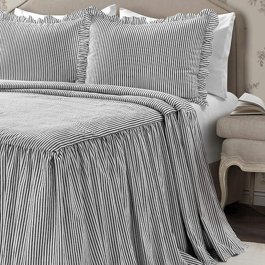 Lush Decor Ticking Stripe Bedspread King Size 3 Piece Set Black - Ruffle Bedding Set King Bedspreads - Striped Bedding - Farmhouse & Coquette Decor