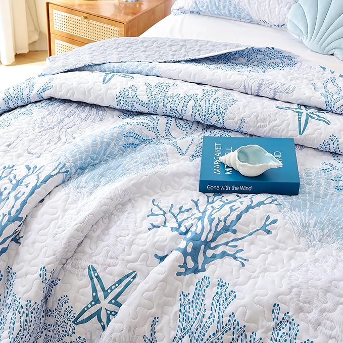 weigelia Coastal Quilts Bedding Set Queen Size - Blue Summer Nautical Bedding Quilt with Pillow Cases, Beach Reversible Quilt Set Bedspreads Coverlet Soft Lightweight Comforter
