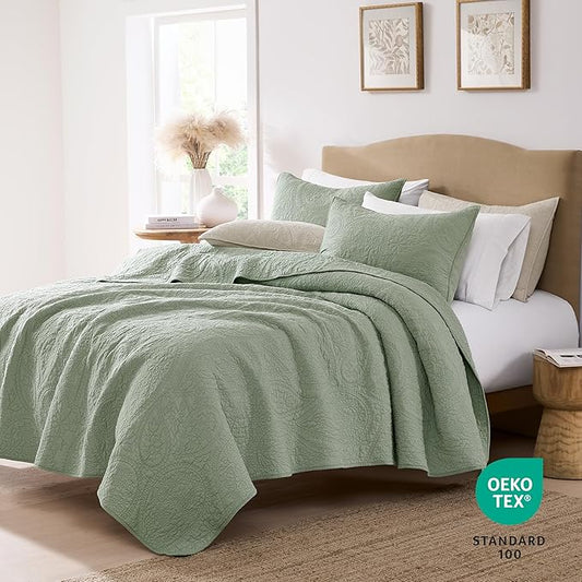 palassio Sage Green Paisley 100% Cotton Quilt California Cal King Size Bedding Sets with 2 Pillow Shams, Oversized Boho Farmhouse Vintage Soft Bedspread Shabby Chic Coverlet for All Season, 3 Pieces