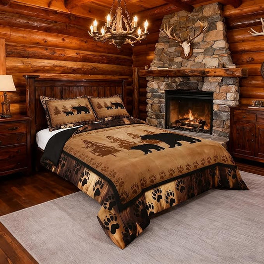 Farmhouse Wild Animal Comforter Set - Twin Size Retro Bear Family Bedding - Brown Bear Paws Duvet Set - 2Pcs