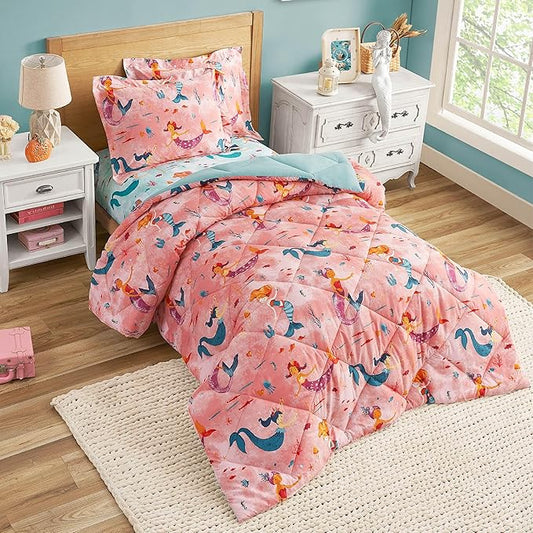 Twin Mermaid Bedding Sets for Girls, 2 Pieces Kids Twin Comforter Sets, Super Soft Lightweight for All Seasons, Includes 1 Comforter (66"x86") and 1 Pillowcase (20"x26"+2")