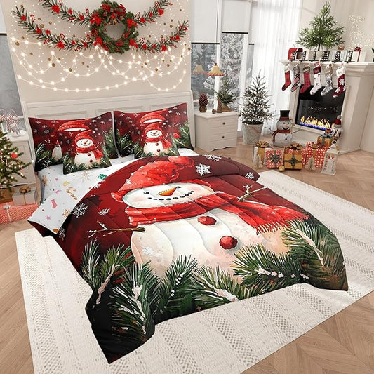Castle Fairy Snowman with Red Scarf 7 Pieces Bedding Set Twin Bed in a Bag,Rustic Pine Leaves Botanical Plants Comforter Set,Geometric Snowflakes Red Tie Dyed Soft Warm Microfiber Bedding