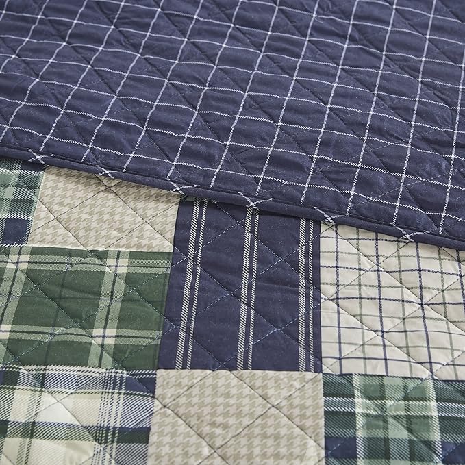 Madison Park Reversible Quilt Cabin Lifestyle Plaid Design - All Season, Breathable Coverlet Bedspread Bedding Set, Matching Shams, Full/Queen(90"x90"), Green/Navy 3 Piece