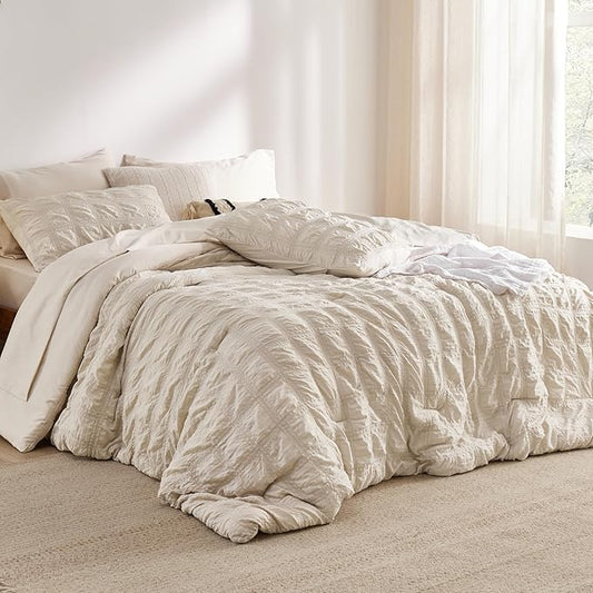 Bedsure Bed in a Bag Full - 7 Pieces Plaid Seersucker Bedding Comforter Sets, Soft Lightweight Beige Boho Bed Set with Comforters Full Size, Sheets, Pillowcases & Shams