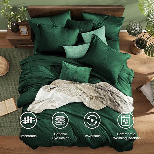 Monbix Queen Comforter Set - 7 Pieces Cationic Dyeing Emerald Green Bed in a Bag Queen Bedding Sets with Comforter, Sheets, Pillowcases & Shams, Reversible Bedding Comforters Sets